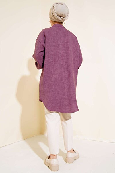 Kirazgym Koszula damska Ayrobin Linen w kolorze fioletowym - ściągaczowe detale, okrągły dekolt, wygodny wzór zgodny z hidżabem