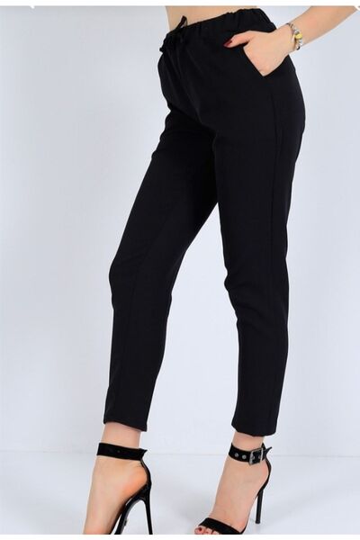 Lucia Fashion Γυναικείο μαύρο ελαστικό παντελόνι μέσης καρότο κομμένο λεπτό πόδι από ύφασμα με τσέπες στο πλάι