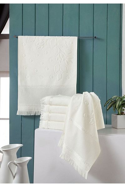 Fiesta 6 τεμάχια 50 X 90 Soft Etam's Jacquard Fringe Cream Χρώμα Πετσέτα προσώπου Kanavice Κεντητή πετσέτα