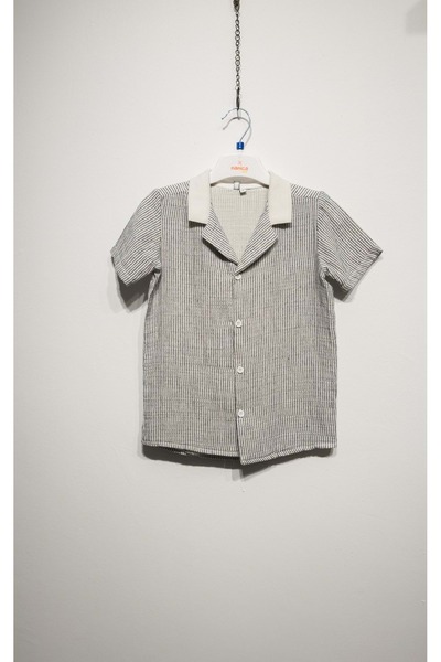 Nanica Kids ΠΛΕΚΤΟ ΠΟΥΚΑΜΙΣΟ ΜΟΥΣΛΙΝΑ ΜΕ ΡΙΓΕΣ ΜΕ ΛΑΜΠΡΟ ΚΟΛΑΡΙ ΣΚΟΥΡΟ ΜΠΛΕ