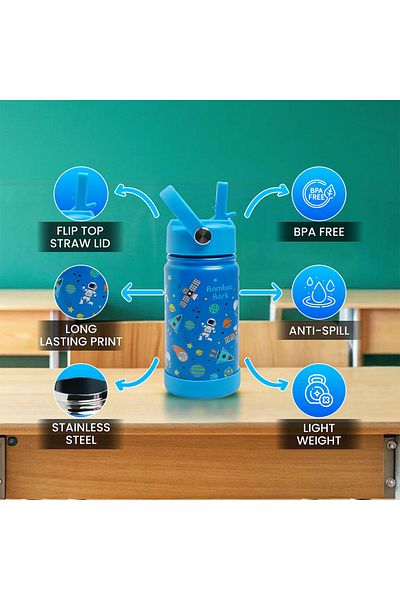 Bamboo Bark Astro-Space Insulated Water Bottle with Straw & Handle – Stainless Steel Double Wall Thermos Flask