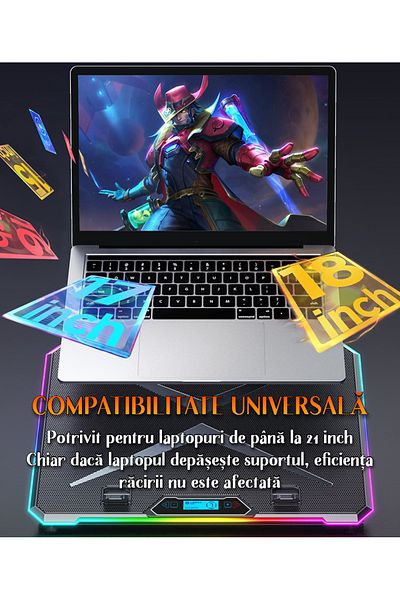 VENTLEX Cooler Laptop Gaming Rgb Silentios, 9 Trepte De Ajustare, 13 Ventilatoare Cu Suport Telefon Integrat