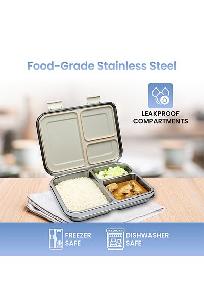 Bamboo Bark Leakproof Lunch Box - Stainless Steel Lunch Box with 3 Compartments, Leakproof Design