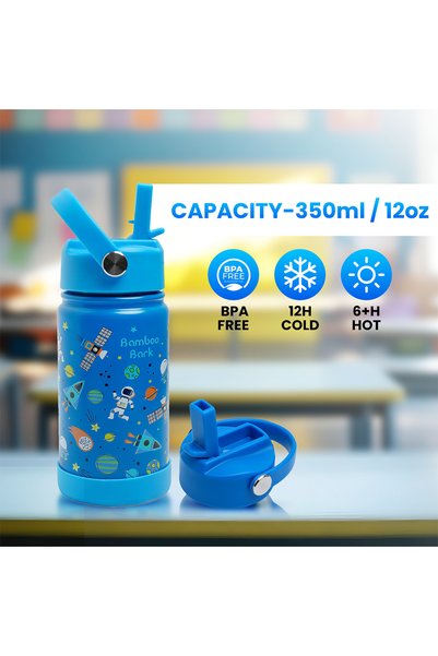 Bamboo Bark Astro-Space Insulated Water Bottle with Straw & Handle – Stainless Steel Double Wall Thermos Flask