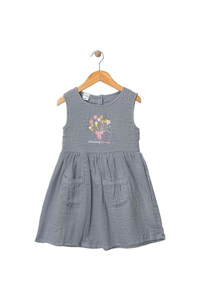 Babexi Flower Embroidered Muslin Dress Gray