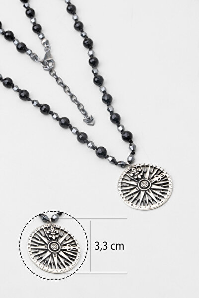 So CHIC... Oniks ve Hematit Taşlı 80 Cm Gümüş Pusula Erkek Kolye