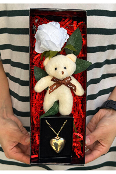 lenostra Sevgiliye Kutuda Tatlı Mini Ayıcık Beyaz Gül Ve Çelik Kalp Kolye