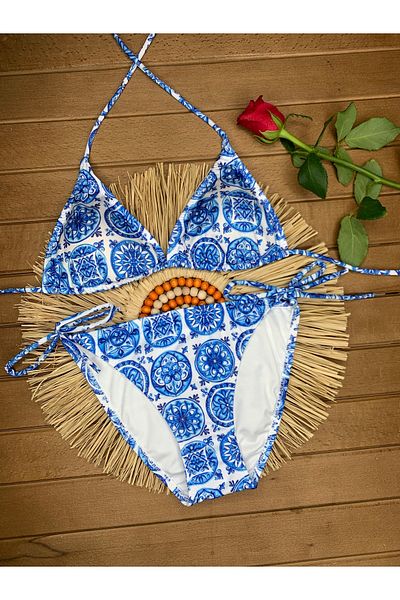 XORVİO Women's Lycra Flexible Side and Neck Tie Stylish Drawstring Triangle Light Blue Bikini Suit