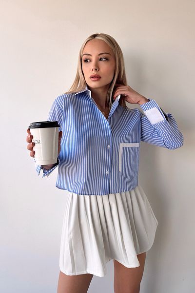 bacc Cămașă țesătă crop oversize cu dungi pentru femei, cu manșete și buzunare, albastru-alb Bc 231036