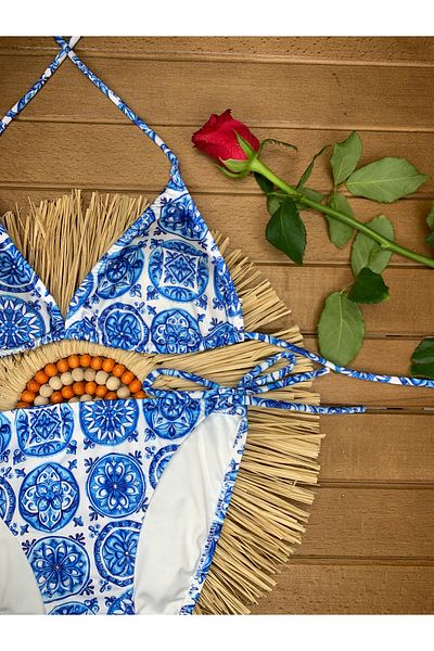 XORVİO Women's Lycra Flexible Side and Neck Tie Stylish Drawstring Triangle Light Blue Bikini Suit