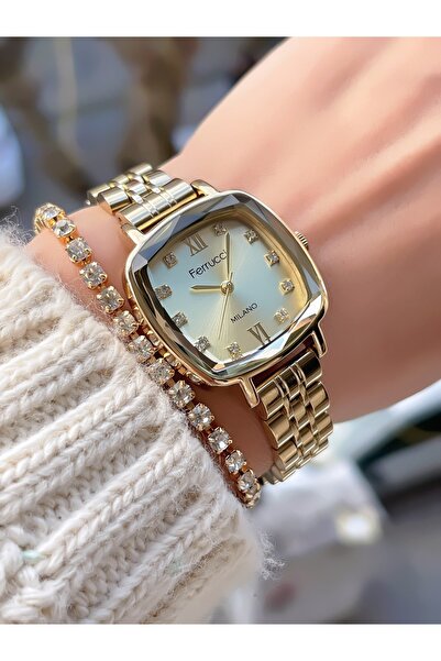 Ferrucci Altın Renk Çelik Kordon 3 Atm Su Geçirmez Garantili Kol Saati Bileklik Hediyeli