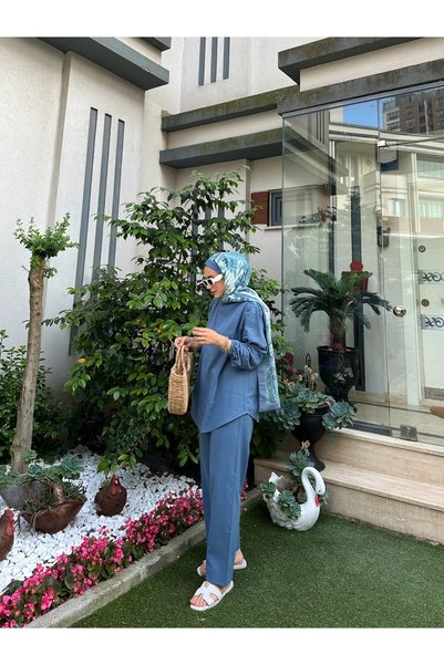 Moda Lippa Organik Şile Bezi İndigo Pantolonlu Takım
