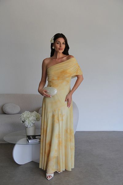 Julidress Yellow Patterned One Shoulder Lined Premium Chiffon Tulle Dress