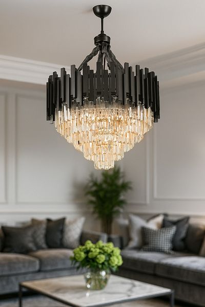 Avizemoda Sima 60 Cm Luxury Crystal Glass Stone Chandelier - (Black Color)