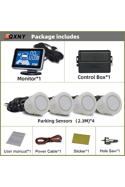 QXNY 4 Sensors White Backup Radar Reverse 4 Parking Sensors System For Car Auto Vehicle Garage Park