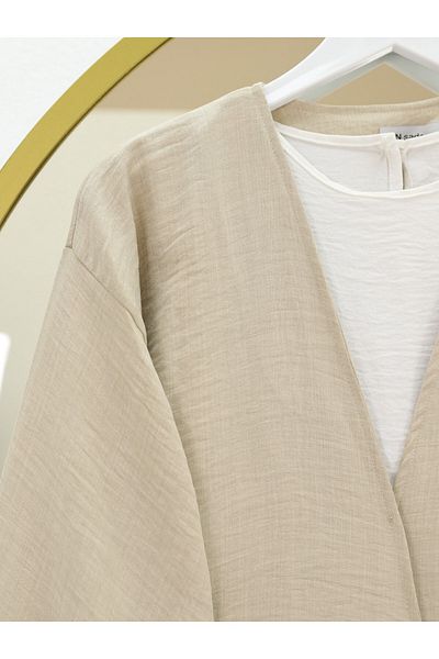 Modamorfo Beige Front Tie Kimono Set with Trousers