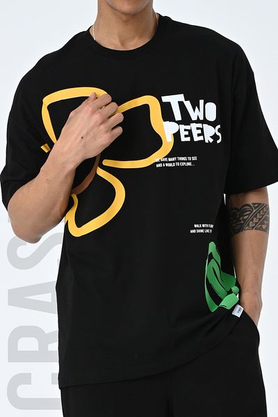 AMAZING CRASH Μαύρο μπλουζάκι Unisex με στάμπα με λαιμόκοψη Oversize