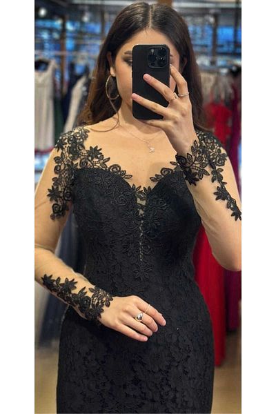 Abiyeniall Lace Long Evening Dress with Black Long Sleeves Lace Detail Back Low-Cut Fish Skirt Lace 7001