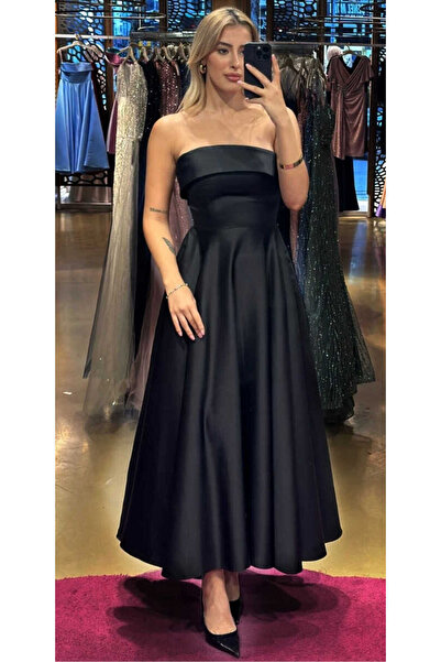 Abiyeniall Siyah Straplez Yaka Kloş Etekli Saten Midi Abiye Elbise 7647