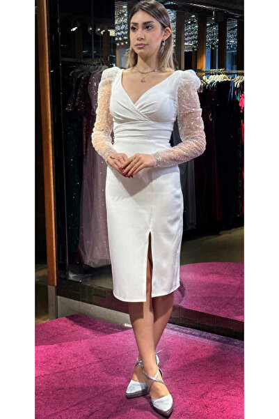 Abiyeniall Beyaz Uzun Kollu Yırtmaçlı Düz Kesim Krep Midi Abiye Elbise 7495