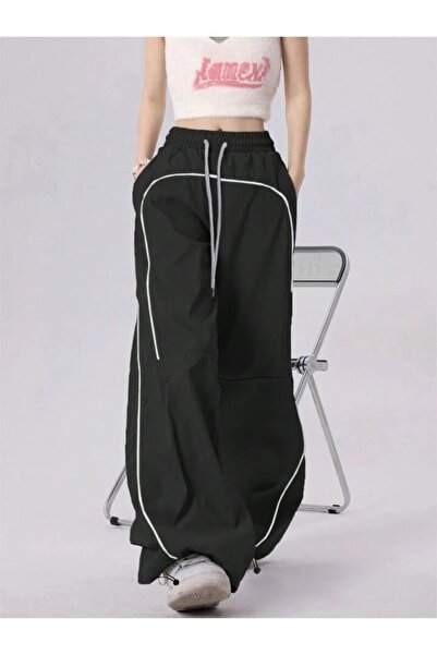 EDVESS Y2k سروال باراشوت فضفاض بتفاصيل خط أسود للجنسين