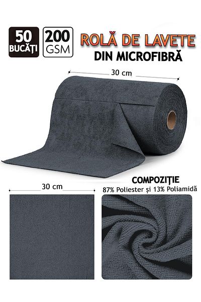 VENTLEX Microfiber Cloth Roll, 50 Cloths, 30x30 Cm, 200 Gsm, High Absorption Capacity, Black