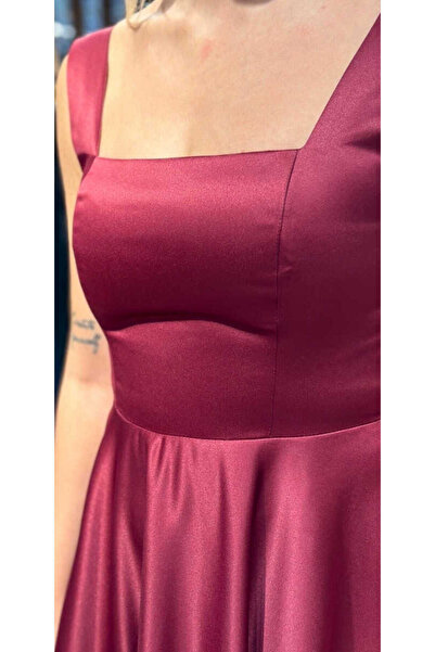 Abiyeniall Vişne Renk  Kalın Askı Kloş Etekli Saten Midi Abiye Elbise 7631