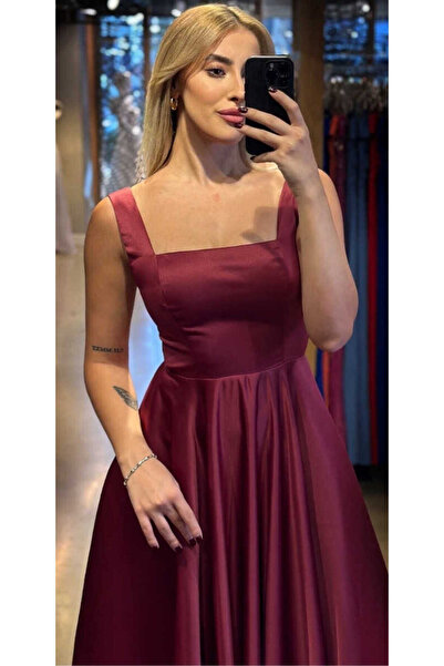 Abiyeniall Vişne Renk  Kalın Askı Kloş Etekli Saten Midi Abiye Elbise 7631