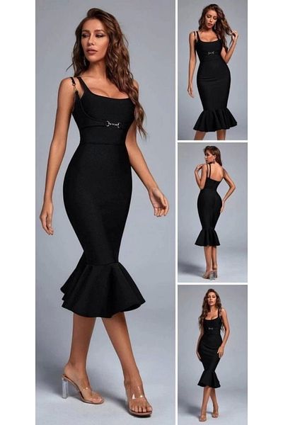 novafems Women's Shoulder Strap Backless Interlock Fabric Midi Pencil Dress