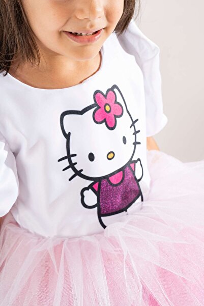 YAĞMUR KOStütüM Taç Hediyeli Hello Kitty Temalı Kız Çocuk Beyaz Doğum Günü Elbisesi & Parti Kostümü