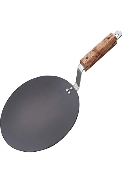 Chefline Iron Induction Tawa with Strip Wooden Handle, 23 cm, Black Heavy-Duty Flat Griddle