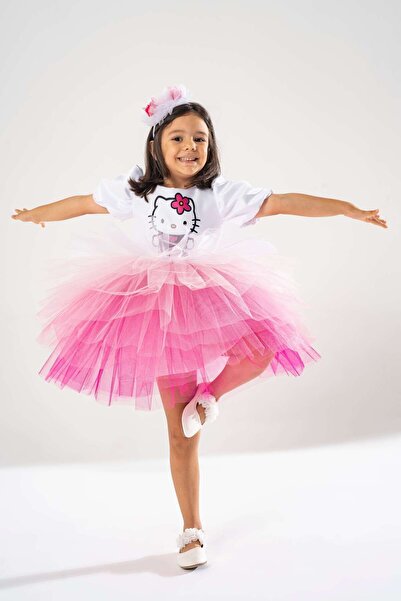 YAĞMUR KOStütüM Taç Hediyeli Hello Kitty Temalı Kız Çocuk Beyaz Doğum Günü Elbisesi & Parti Kostümü