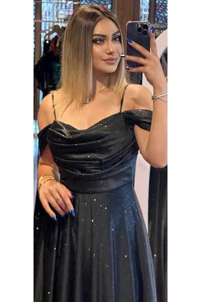 Abiyeniall Black Glitter Long Evening Dress - Rope Strap, Backless, Flared Skirt 7365