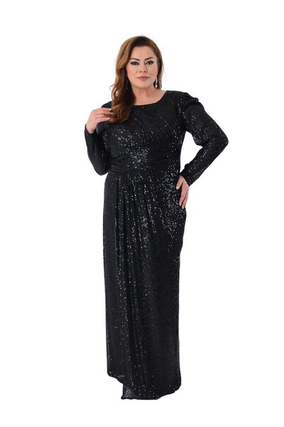 LİLAS XXL 2472 Büyük Beden Tesettür Pulpayet Uzun Kol Elbise