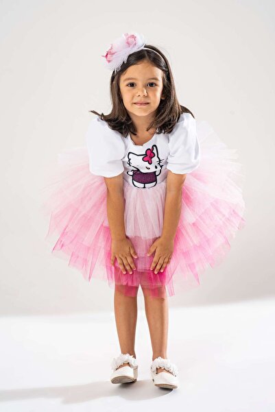 YAĞMUR KOStütüM Taç Hediyeli Hello Kitty Temalı Kız Çocuk Beyaz Doğum Günü Elbisesi & Parti Kostümü