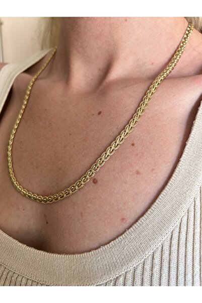 Butik Örgü Formlu Kadın Zincir Kolye, Gold Renk, 60 cm Dikkat Çekici ve Denge...