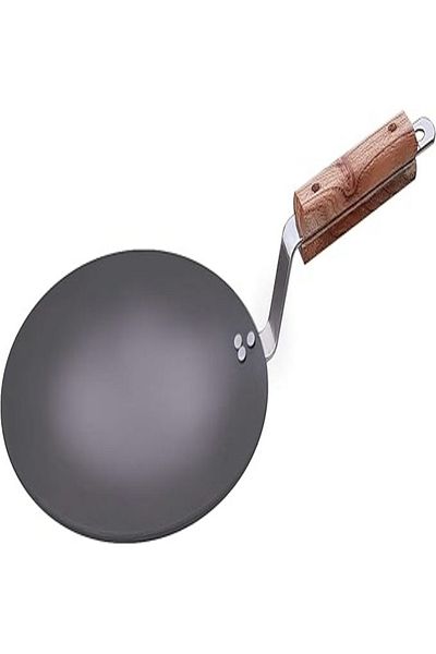 Chefline Iron Induction Tawa with Strip Wooden Handle, 23 cm, Black Heavy-Duty Flat Griddle