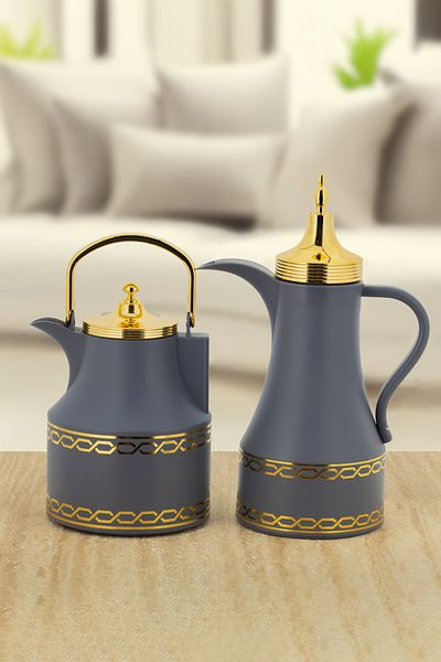 ALSAIF Deva Coffee And Tea Vaccum Flask Set In Grey/gold / Leak-proof And Keeps Drinks Hot 1.0/1.0 Liter