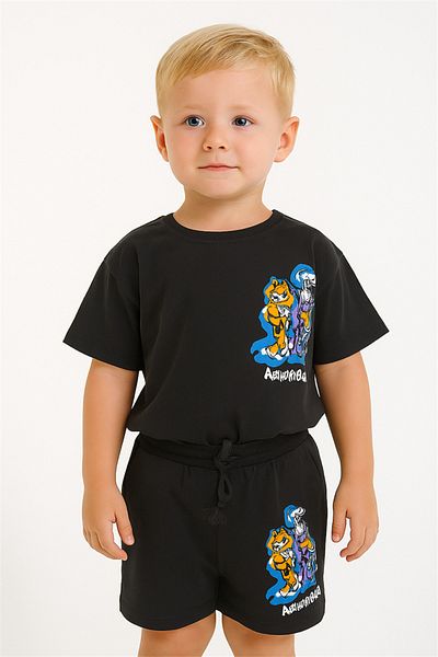 Motebarn Wear بدلة علوية وسفلية مطبوعة للأولاد باللون الفحمي