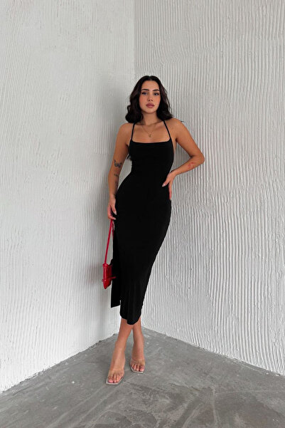 mielva Rochie midi neagră cu bretele subțiri și detaliu cu șliț