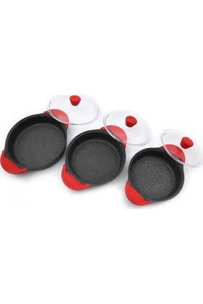 Eda 3-Piece Granite Casting Pan Set with Glass Lid and Gray Silicone Handle