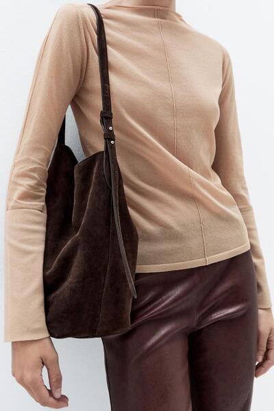 Massimo Dutti Kalın süet deri bucket çanta