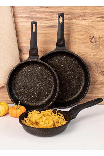 OMS 3255 Fry Pan Döküm Granit 3 Parça Tava Seti Siyah (20-24-28 CM)