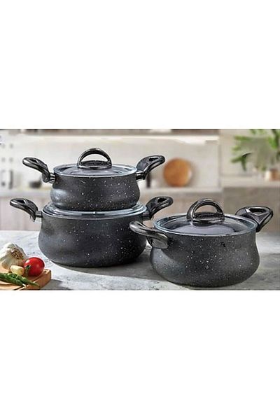 Eda Zk-049 Zetra 3-Piece Granite Deep Pot Set with Glass Lid Cast Gray