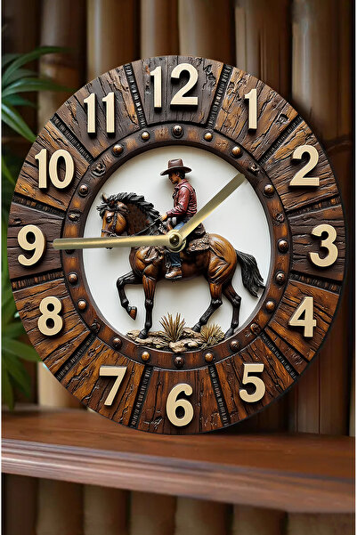 kutuTR 🐎   Western Cowboy Themed 3D Look Mdf Wall Clock - 33 cm Sdw303