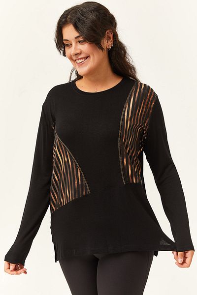 Ebsumu Women's Plus Size Copper Leather Look Black Blouse