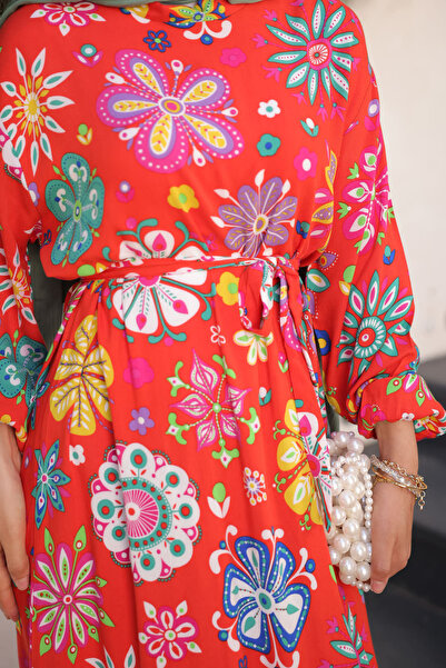 İmajButik Φούστα με πορτοκαλί σχέδιο με στρώσεις Viscon φόρεμα