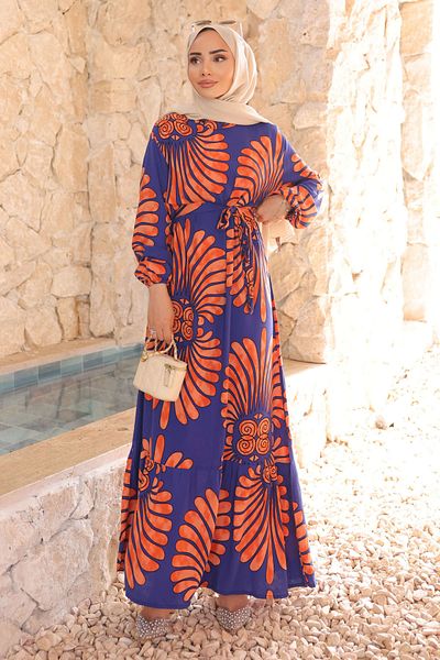İmajButik Φόρεμα Saks με μπλε μοτίβο φούστα με στρώσεις Viscon