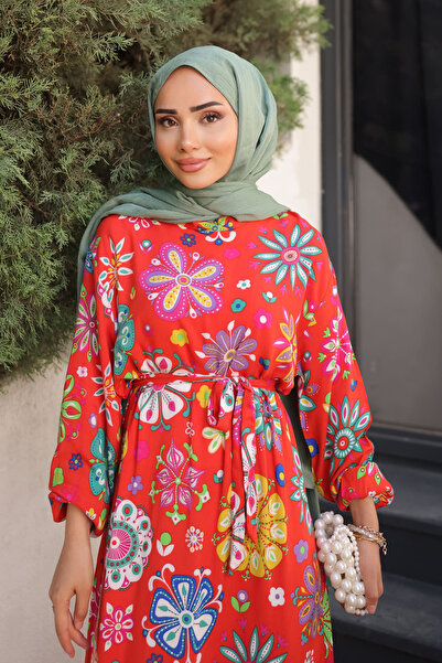 İmajButik Φούστα με πορτοκαλί σχέδιο με στρώσεις Viscon φόρεμα