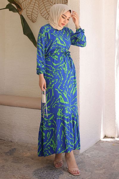 İmajButik Φόρεμα Saks με μπλε μοτίβο φούστα με στρώσεις Viscon